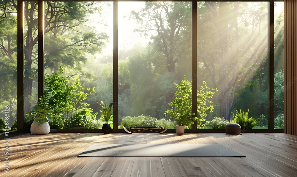 Aufkleber a bright, serene room with large windows showcasing a lush green forest, illuminated by soft sunligh