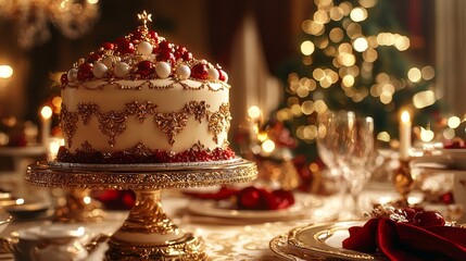 Traditional Three Kings cake, rich decorative details, warm dining room scene, holiday ambiance