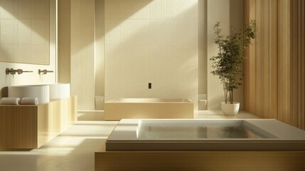 A minimalist bathroom with clean lines, modern fixtures,