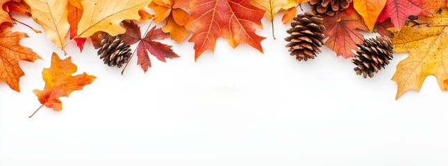 Autumn leaves and pine cones on a white background with copy space.