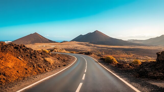 Image related to unexplored road journeys and adventures.Road through the scenic landscape to the destination in Lanzarote natural park. 