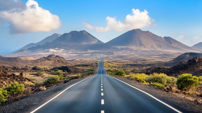 Image related to unexplored road journeys and adventures.Road through the scenic landscape to the destination in Lanzarote natural park. 