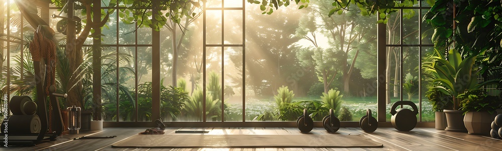 Poster a serene indoor space filled with lush greenery, illuminated by sunlight streaming through large win