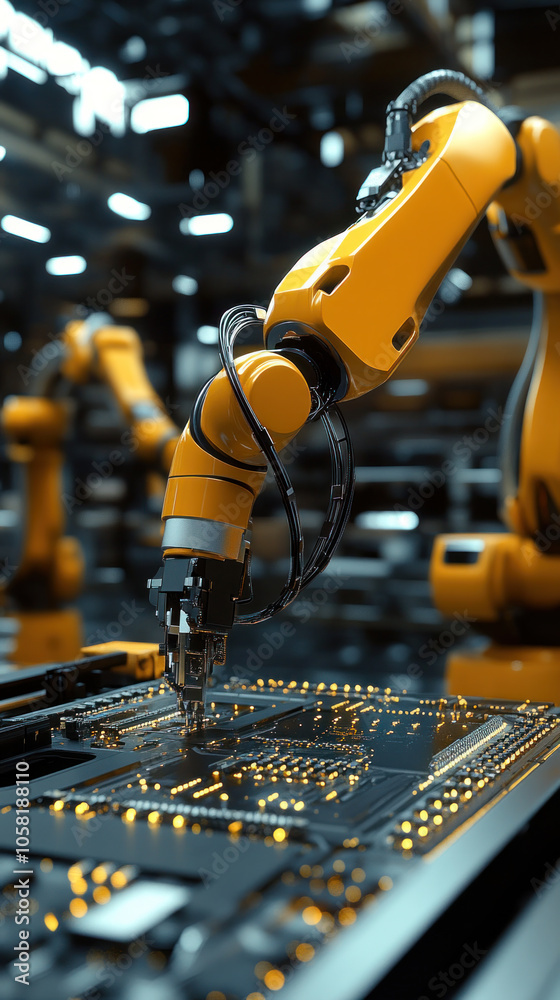 Poster a robot is working on a computer chip. the robot is yellow and has a long arm. the robot is in a fac