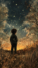 Fototapeta premium A boy stands in a field of tall grass, looking up at the sky. The sky is filled with stars, and the boy appears to be looking at them in wonder. Scene is peaceful and contemplative