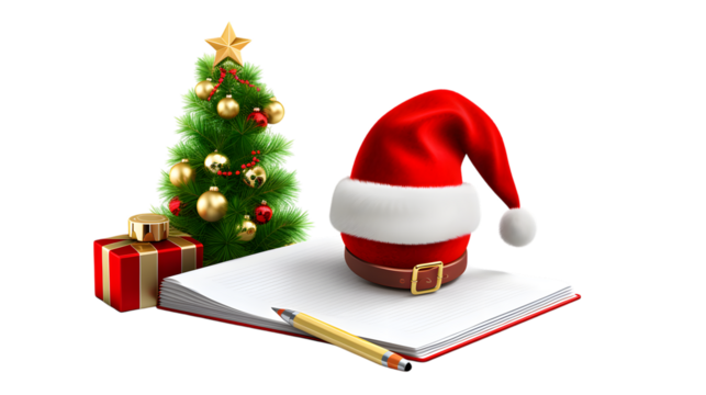 Santa Claus writing on a notebook isolated on white background