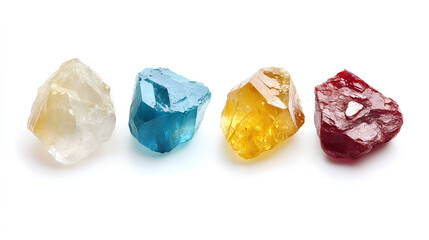 Fototapeta premium spinel gem stone. Colorful gem stones set in various colors - yellow, red, white, blue and turquoise. Isolated on white background