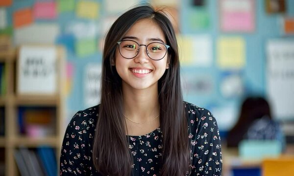 a Language Arts Teacher, half body photo, classroom as blur background, eye look at camera, three-quarter composition, double eyelids, working scene, warm greeting, greeting, enthusiasm, happiness, 8k