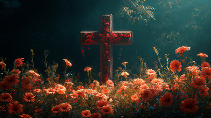 Holy Cross with Surrounding Flowers, All Saints' Day, illustration, All Saints' Day picture,