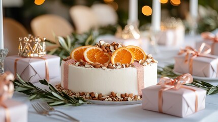 Fototapeta premium A cozy, festive table adorned with a Three Kings cake, topped with almonds and bright candied citrus slices, small wrapped gifts, and vibrant crowns
