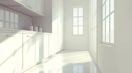 Obraz premium White home kitchen interior with cooking cabinet, window