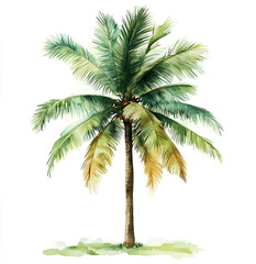 Coconut tree, white background, vintage illustration, flat design style, simple, watercolor, white and green color palette,