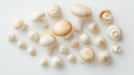 A group of Champignon mushrooms with varying sizes, artfully arranged in a flat-lay style on a white background, high-resolution capture