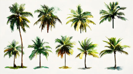 Collection of Coconut tree, white background, vintage illustration, flat design style, simple, watercolor, white and green color