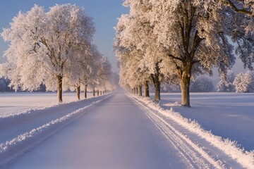 Obraz premium Frost covered trees lining a snow covered rural road under soft morning light creating a peaceful winter scene that captures the beauty of frost kissed landscapes