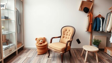 Obraz premium A flatlay phone placed elegantly on a vintage chair, perfect for blogs, online shops, and social media templates, flatlay, blog, template