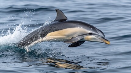 Fototapeta premium A playful dolphin leaping out of the crystal-clear ocean waves under a bright blue sky, with splashes of water glistening in the sunlight 