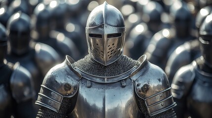 Naklejka premium Knight in brilliant silver armor, marching ahead of a vast army, their authoritative stance signaling dominance and respect. armored knight, battle hero