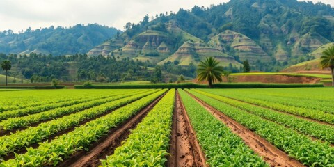 A peaceful mountain landscape destroyed by human activity, now covered in rows of cultivated plants, sustainability, resource depletion, cultivate