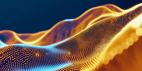 3D abstract curve speed line wave mountain road stripe grid with glitter swirl line and dot flowing, gold and orange blue metallic virtual space shimmering shiny fashion web tech dark background