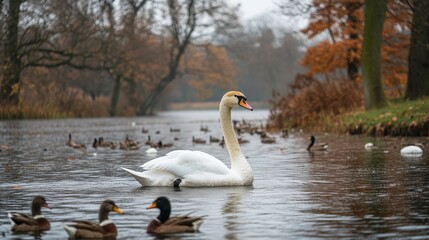 Majestic swan surrounded by ducks in a peaceful pond, its regal presence commanding attention amid the more common wildlife. swan grace, wildlife contrast