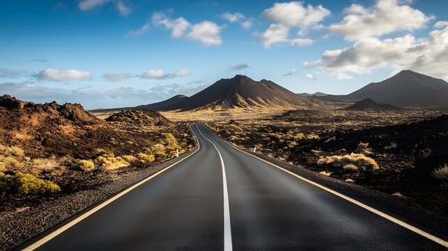 Image related to unexplored road journeys and adventures.Road through the scenic landscape to the destination in Lanzarote natural park. 