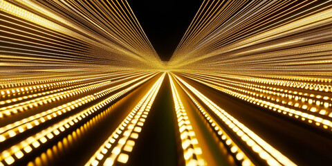 Obraz premium 3D abstract curve speed line wave road tunnel with glitter explode line dot flowing, gold and silver beautiful shiny virtual space cosmetic shiny web technology car road background