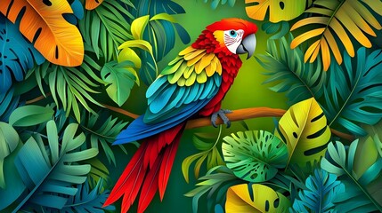 Obraz premium Vibrant Paper Cut Style of a Parrot Perched in a Lush Tropical Forest with Layered Palm Leaves and Colorful Feathers against a Bright Detailed Background
