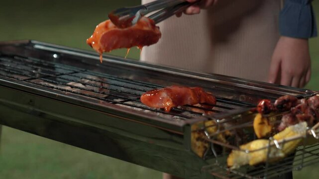 Grilled food of family celebration anniversary. Family have dinner party in garden. Outdoor camping activity relax with tasty food and spend time with cute relatives cross generation gap. Divergence.