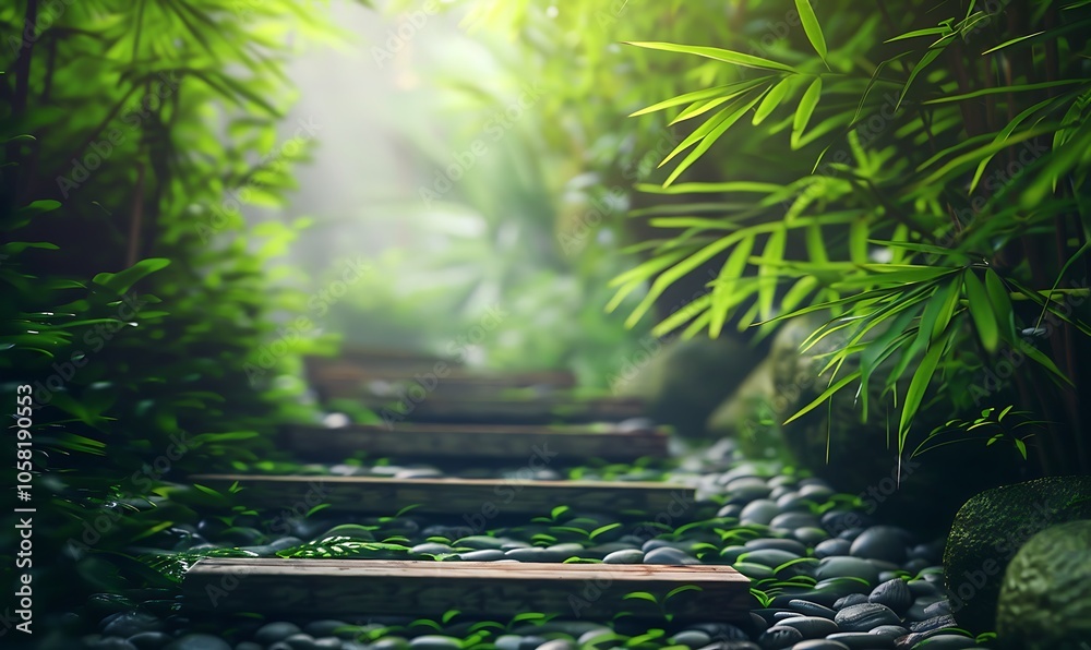 Poster a serene pathway lined with lush greenery and smooth stones, inviting exploration into a tranquil, n