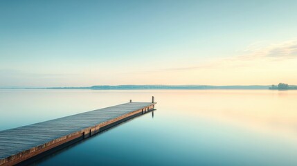 A serene view of a calm lake with a wooden pier extending