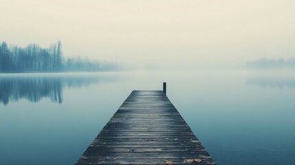 Fototapeta premium A serene view of a calm lake with a wooden pier extending