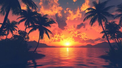 Obraz premium A stunning sunset over a tropical island, with palm trees