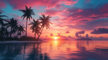 A stunning sunset over a tropical island, with palm trees