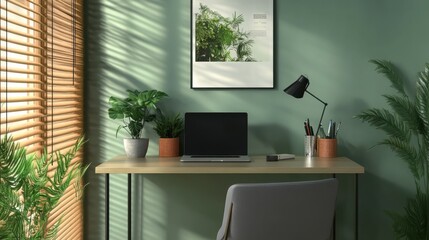 Fototapeta premium A stylish home office setup with a sleek desk, laptop,