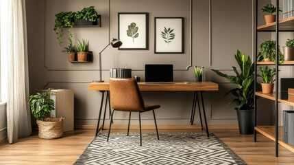 Fototapeta premium A stylish home office setup with a sleek desk, laptop,