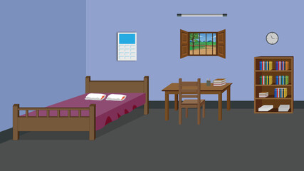 Cartoon bed room interior design with furniture, window and other interior elements vector illustration design