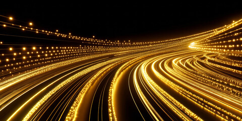 3D abstract curve speed line wave road tunnel with glitter swirl flowing, gold and silver beautiful shiny dots shimmering virtual space cosmetic shiny web technology car road black stunning background
