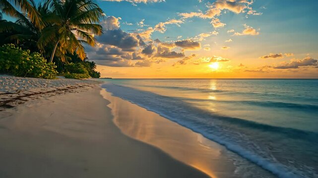 The sun sets over a tranquil beach, casting a golden glow on the waves and sand