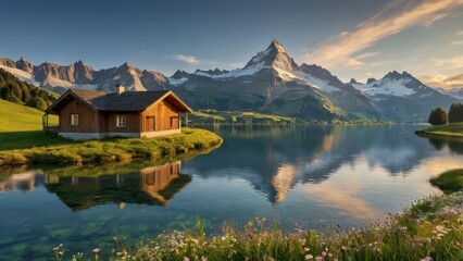 Stunning Swiss Alps Sunrise - Snow-Capped Mountains and Tranquil Lake Landscape