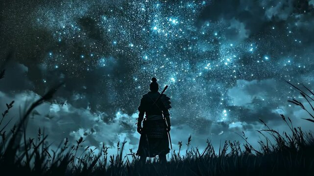 A lone samurai stands in a field, gazing up at a starry night sky
