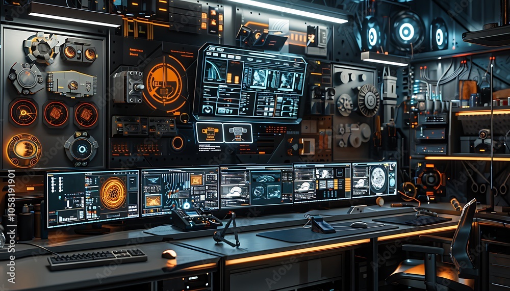 Poster A high-tech workstation featuring multiple monitors, glowing interfaces, and intricate decor, designed for immersive gaming or advanced computing.