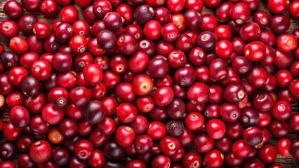 fresh cranberries background with selective focus aerial view