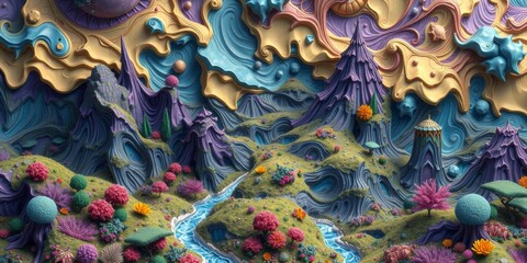 Abstract fantasy landscape with vibrant colors and intricate details, perfect as a backdrop for digital designs and wallpapers, intricate, colorful, fantasy