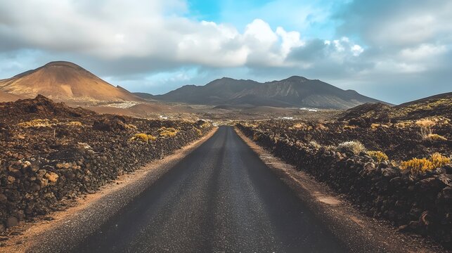 Image related to unexplored road journeys and adventures.Road through the scenic landscape to the destination in Lanzarote natural park. 