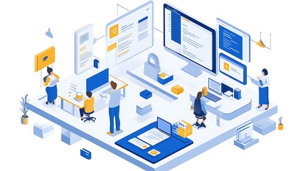 Obraz premium Illustration of a Modern Office Workspace with People Working on Computers