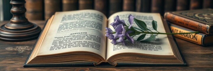 Fototapeta premium An antique book with delicate pages rests opened on a wooden table, next to a vibrant purple flower, as an artificial intelligence generates new content, open, artificial intelligence, intelligence