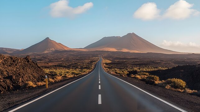 Image related to unexplored road journeys and adventures.Road through the scenic landscape to the destination in Lanzarote natural park. 
