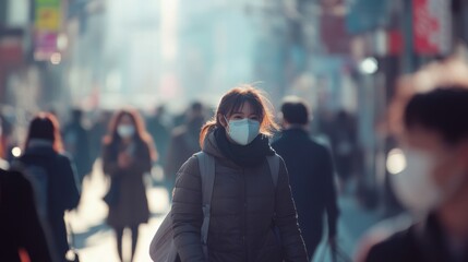 Crowded urban area with pollution and smog, people wearing masks