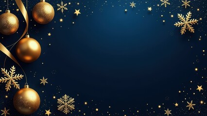 luxurious Christmas banner with copy space, deep blue winter night sky theme, festive border frame made of gold snowflakes stars ribbon baubles. advertisements, greeting card, event invitation concept